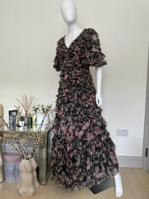 £525 Auth Needle & Thread Black Floral English Rose Lizette Gown, Maxi Dress 10