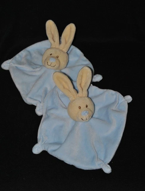 Lot 2 peluche doudou lapin beige nez bleu NICOTOY plat bleu 4 noeuds Etat NEUF
