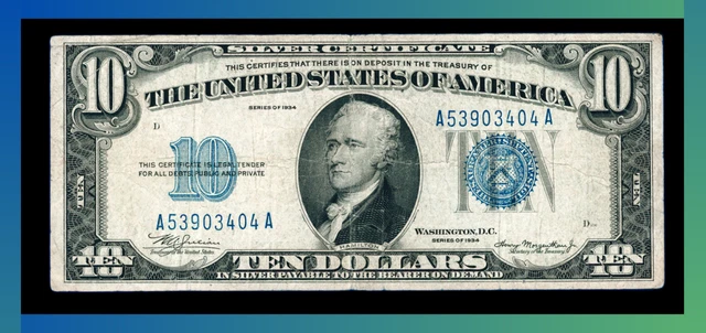 1934 $10 Silver Certificate, VF *OLD US CURRENCY NO RESERVE AUCTION* 404
