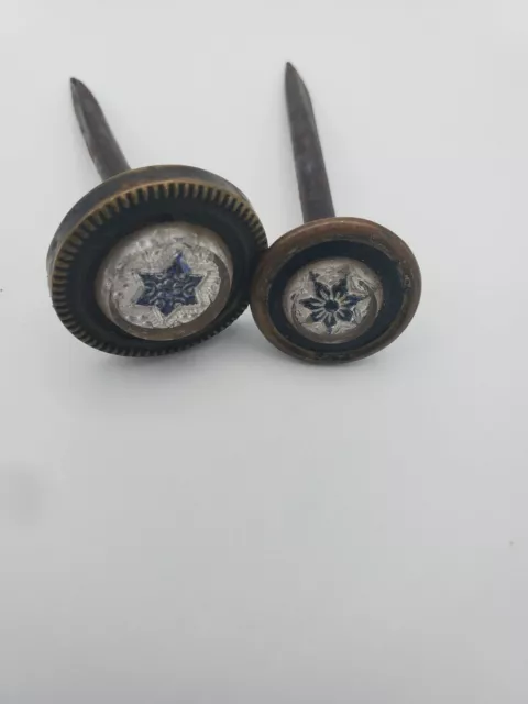Antique Set of Blue Star Decorative Victorian Picture Hanging Nail, Brass Glass