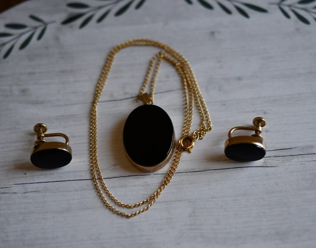 Vintage Van Dell Set 12K Gf And Onyx Screw Back Earrings And Pendant Necklace