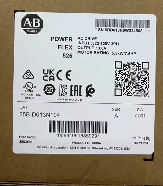 IN US New Factory Sealed Allen-Bradley 25B-D013N104 PowerFlex 525 AC Drive 5.5KW