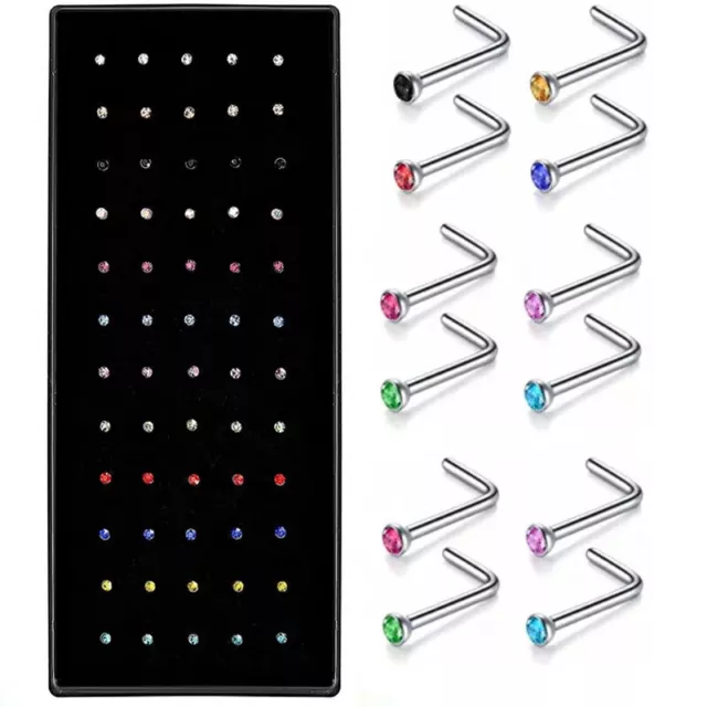 Box Set 40 Surgical Steel Silver Nose Studs Tiny Crystal Clear Ring Gem Piercing