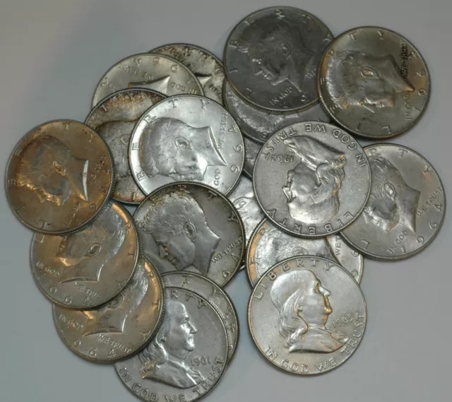 1964 roll of Kennedy Franklin half dollars 20 silver coins 17 Kennedy 3 Franklin