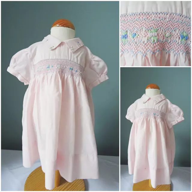 Abito Vintage Neonato Anni '80 Rosa Smocked Blu Ragazze Fiori Ricamati anni '80