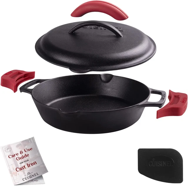 Cast Iron Skillet with Cast Iron Lid - 10"-Inch Dual Handle Frying Pan + Pan Scr