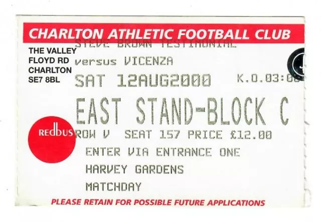 Charlton Athletic v Vicenza - Steve Brown Testimonial 2000 - Match Ticket