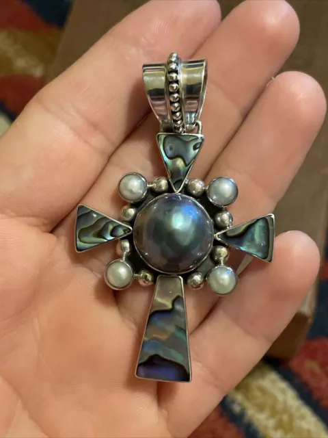 SAMUEL B BEHNAM 925 ABALONE PEARL CROSS PENDANT 925!! Chunky And Stunning!! -B8 2