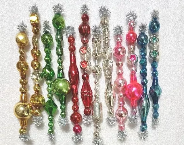 ✨️☃️ 12 Vtg Mercury Glass Garland Icicle Bead Christmas Tree Ornaments 4"+