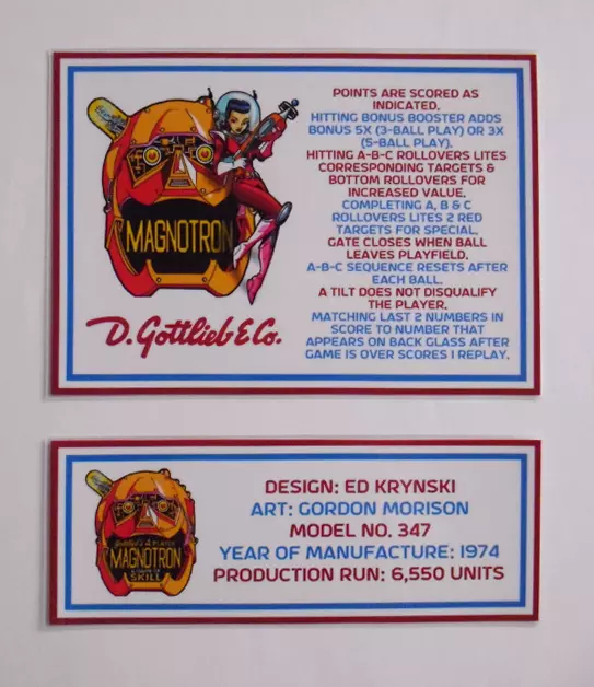 * 'MAGNOTRON' Gottlieb 1974 Custom Instruction/Apron Cards (New) *