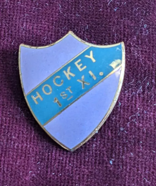 Vintage Schools Sports Shield Shaped Hockey 1st XI Enamel Badge Purple and Green