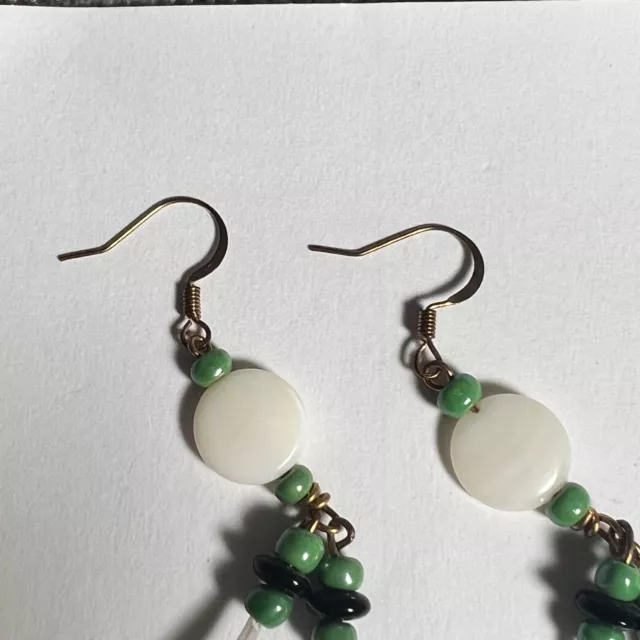Handmade Native American Earrings Wire Beaded Dentallium Shell Green Yurok 3.5'" 3