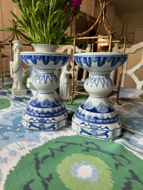 Large Chinoiserie Hand Painted Blue & White Candlesticks Candle Holders