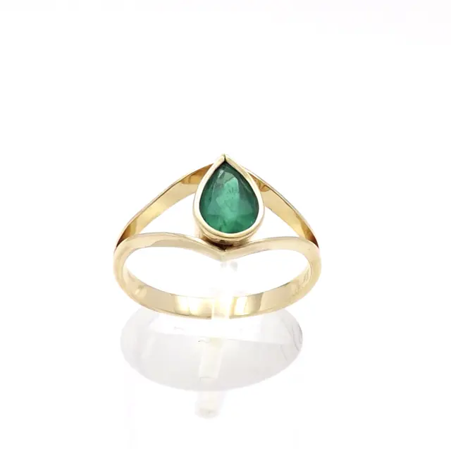 18k Gold Columbian Emerald Ring Evil Eye May Birthstone Pear Shape Split Shank