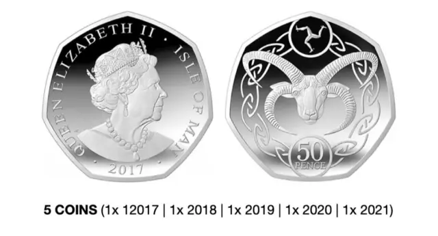 5x Isle of Man 50p pence coin LOAGHTAN RAM CIRCULATED 2017 - 2021 (1x each year)