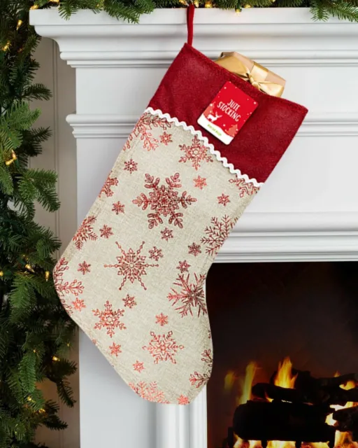 🎄Hessian Jute Christmas Stocking Gift Filler Foil Printed Santa Sack Stockings