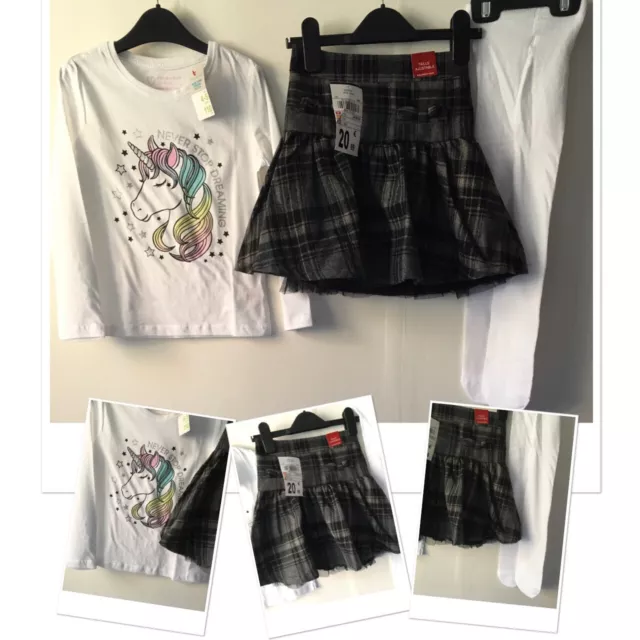 New Designer girls Skirt & New prk unicorn top new M&S tights 4-5 years