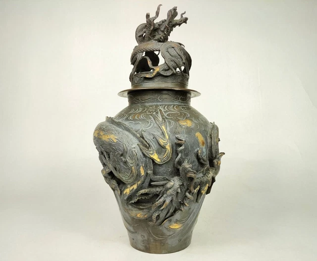 Antique 19th Japanese Bronze Dragons Incense Burner Vase Meiji Period Art 38cm