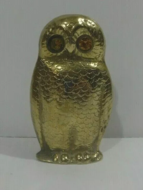 Vtg Solid Brass Owl 4 in. Tall Yellow Glass Eyes weighs 7 oz. Holder in back