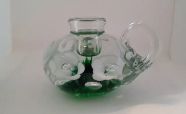 Joe St. Claire Art Glass Paperweight Candle Holder Green Flowers