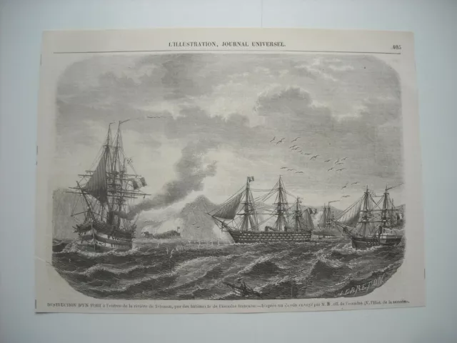 Gravure 1859. Expe Chine. Destruction D’un Fort A L’entree  Riviere De Tetouan..