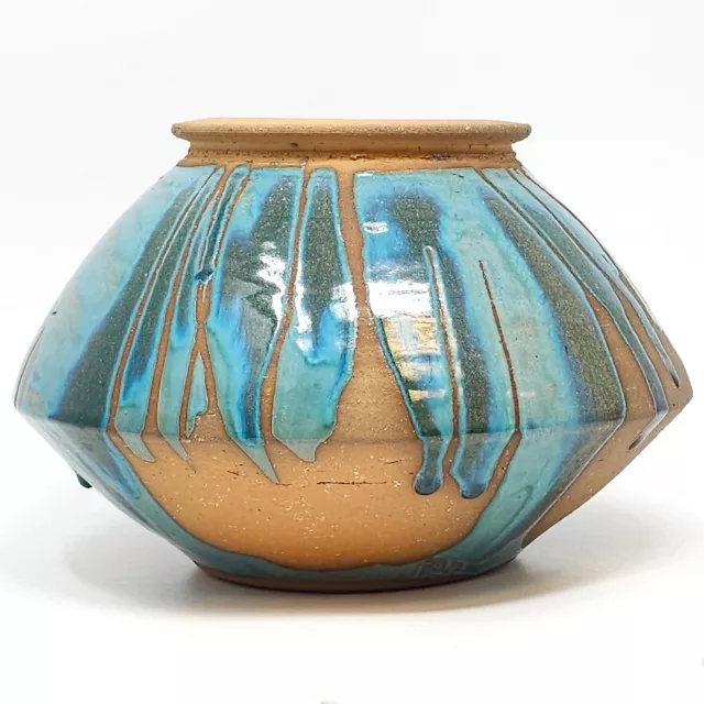 Studio Art Earthenware Pottery 10" Wide Diamond Shape Vase Jar Aqua Drip Glaze
