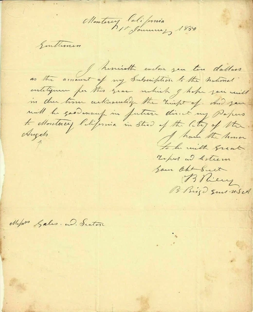 General Riley Scarce California Last Military Governor Autograph Letter 1850