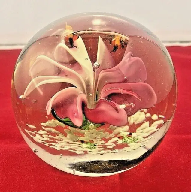 Vintage Pink Flower Art Glass Round Paperweight with Hummingbirds
