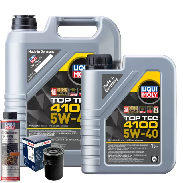 Motoröl 5W40 LIQUI MOLY Top Tec 4100 6L+BOSCH Ölfilter +Ölschlammspülung