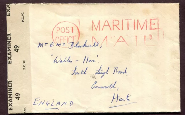 UK 1940’s WW2 CENSORED 'POST OFFICE MARITIME MAIL' COVER TO EMSWORTH HANTS