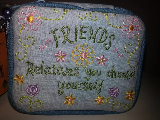 Blue Travel Jewelry Box "Friends- Relatives You Choose Yourself" Zipper Flowers