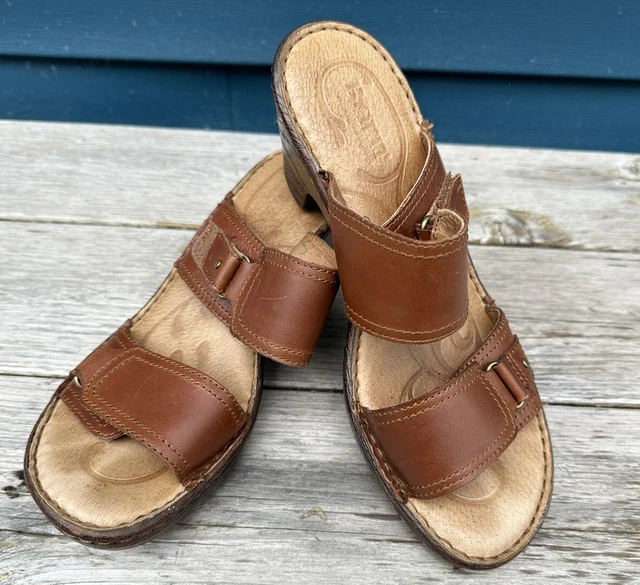 Born Sandals Womens 8 Comfort Slide Double Strap Buckled Brown Leather Open Toe