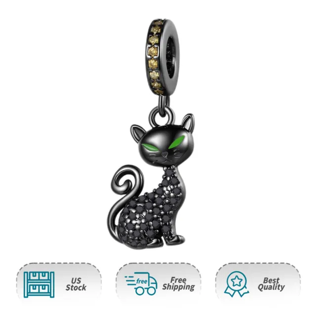 Authentic S925 Black Cat Dangle Charm Women Moment Bracelet Necklace Pendant