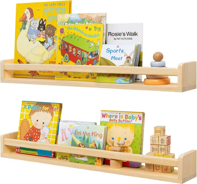 Nursery Book Shelves Set of 2 - Rustic Natural Solid Wood Floating Bookshelf for
