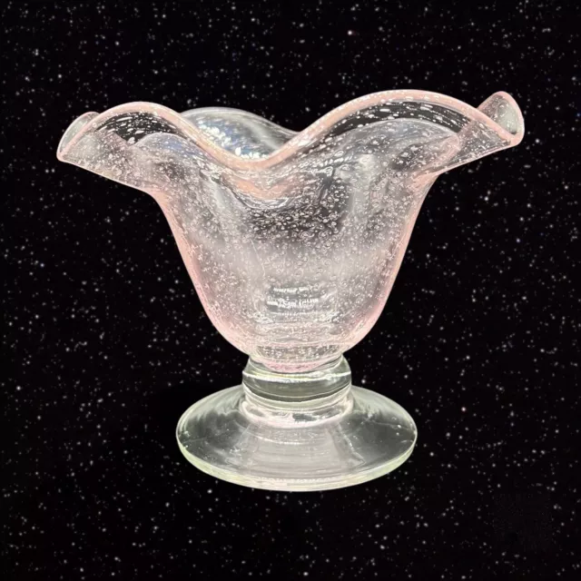 Studio Art Glass Footed Bowl Pink Bullicante W Clear Bottom  Vintage 5”t 7”w