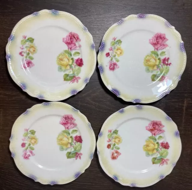 ANTIQUE PK SILESIA GERMANY SET OF 4 PORCELAIN PLATES 6" HAND-PAINTED 1914 Roses