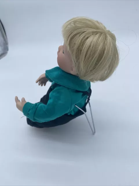 Adorable Boy 8-1/2"  Sitting Porcelain Doll - Blonde / Blue Eyes  - Green Shirt 2