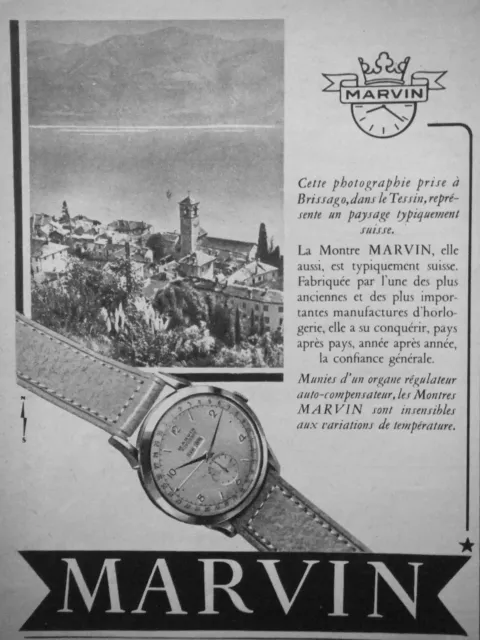 Publicité De Presse 1951 La Montre Marvin Vue De Brissago Dans Le Tessin Suisse