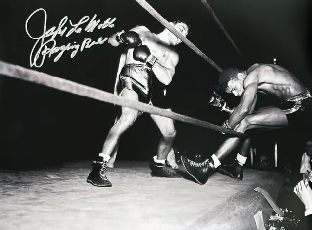 JAKE LAMOTTA RAGING BULL SIGNED 16x12 BOXING PHOTO SUGAR RAY ROBINSON COA PROOF