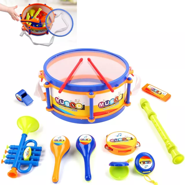 Musical Percussion Instrument Drum Set with Trumpet Flute Harmonica Kid Toy Gift