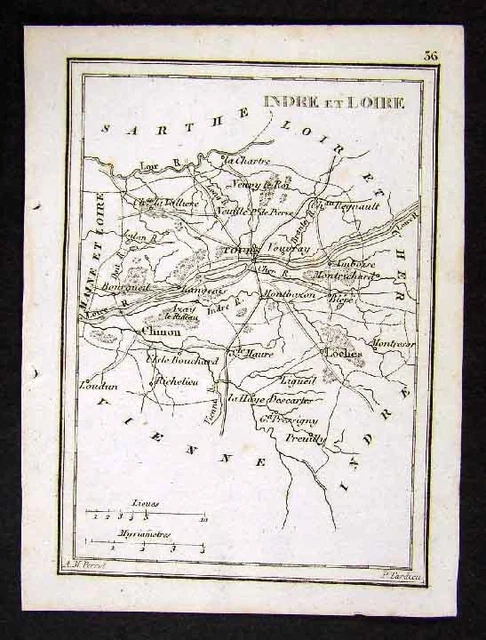 1833 Perrot Tardieu Map - Indre et Loire - Tours France - Miniature Antique Map
