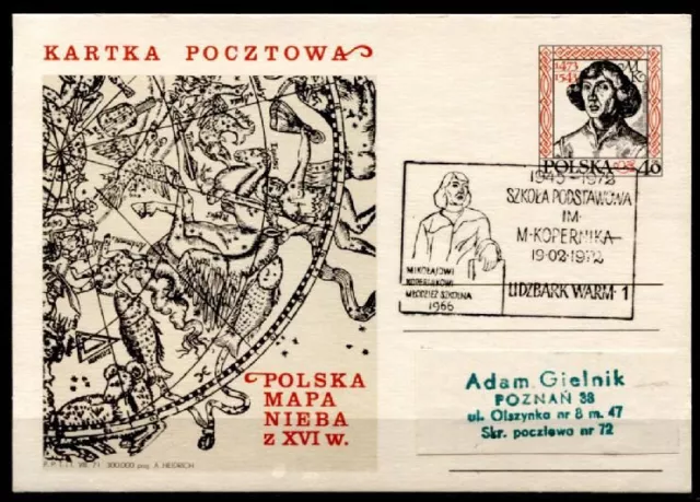 500. Geburt-g von Nikolaus Kopernikus. Himmelskarte. Postkarte-Brief. Polen 1972