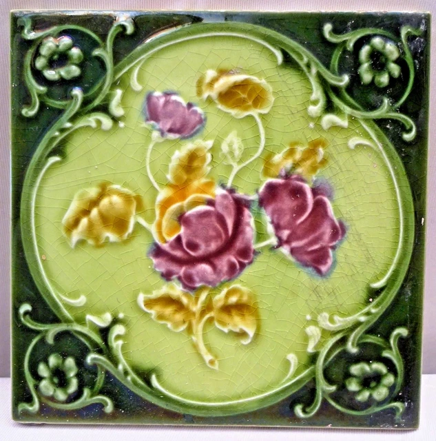 Antique Tile Majolica England Ceramic Rose Flower Purple Green Architecture "136