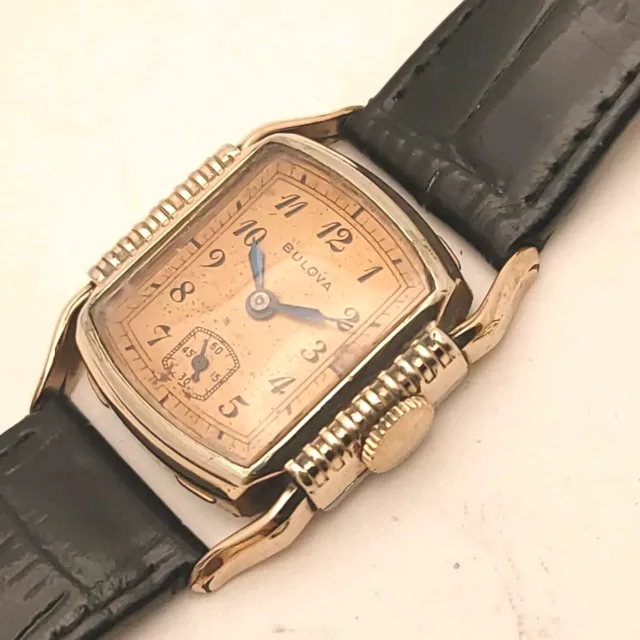 DH05: RARE ULTRA ART DECO 10K ROLLED ROSE GOLD MENS 1940s BULOVA WATCH RUNS A+