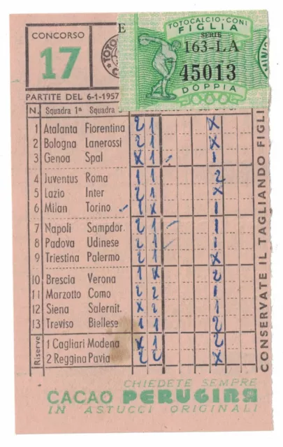 Schedina Totocalcio Coni pubblicità Perugina anno 1956/1957 n. 17