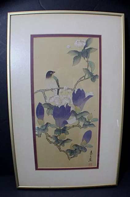 Asian Brush Painting of Bird on Flowering Branch Framed