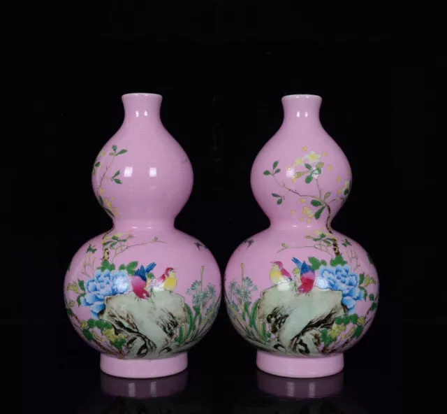 A Pair Chinese Enamel Color Porcelain Handpainted Flower Bird Gourd Vases 15237