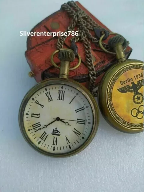 Vintage Brass Pocket Watch Antique with Leather Box Marine Gift For Occasion
