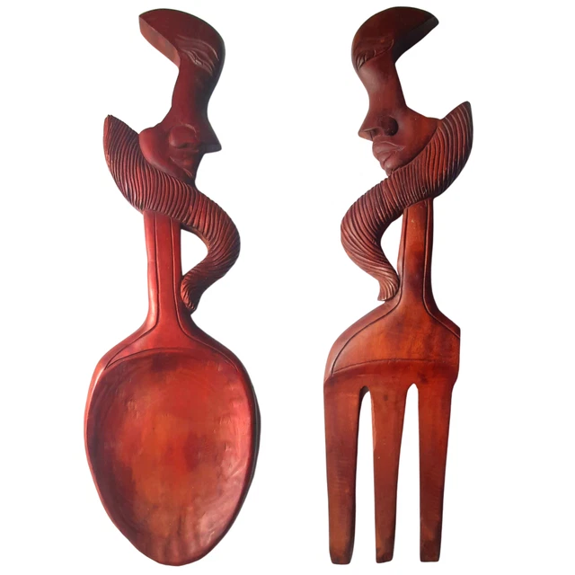 Vintage Hand Carved Giant Fork & Spoon Wall Hanging Wooden Art Home Décor 19’