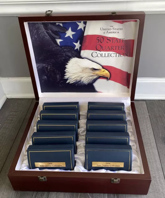 US 50 STATE QUARTER COLLECTION Quarters Set In CHERRY STAIN Wooden BOX  *read